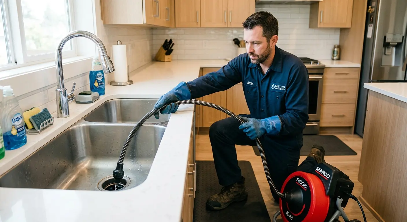 Drain cleaning technician using a motorized snake on a kitchen sink in Gardiner