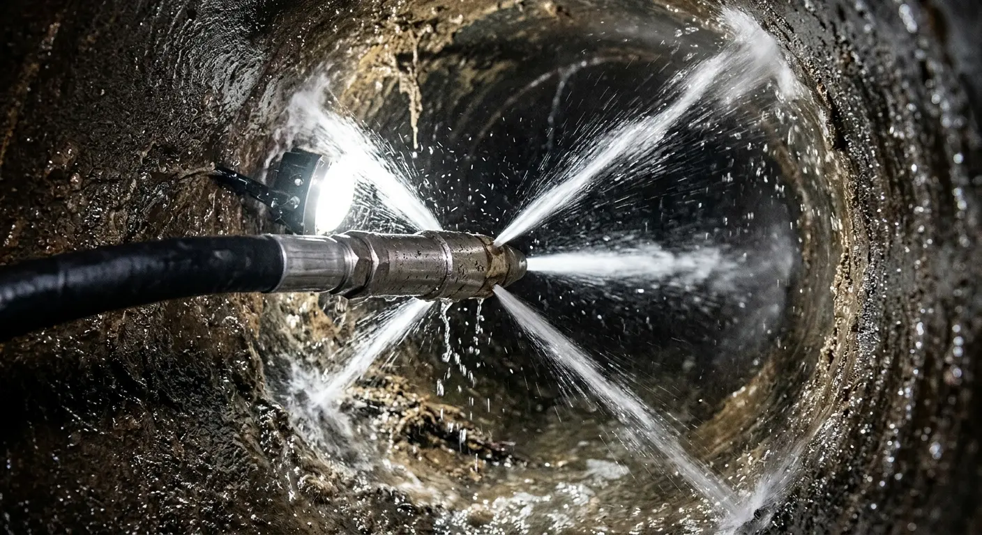 High-pressure hydro jetting nozzle cleaning sewer pipe for Trenchless Sewer Repair in Gardiner