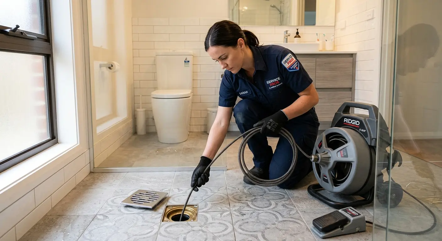 Technician clearing a bathroom floor drain for Clogged Drain Repair in Gardiner